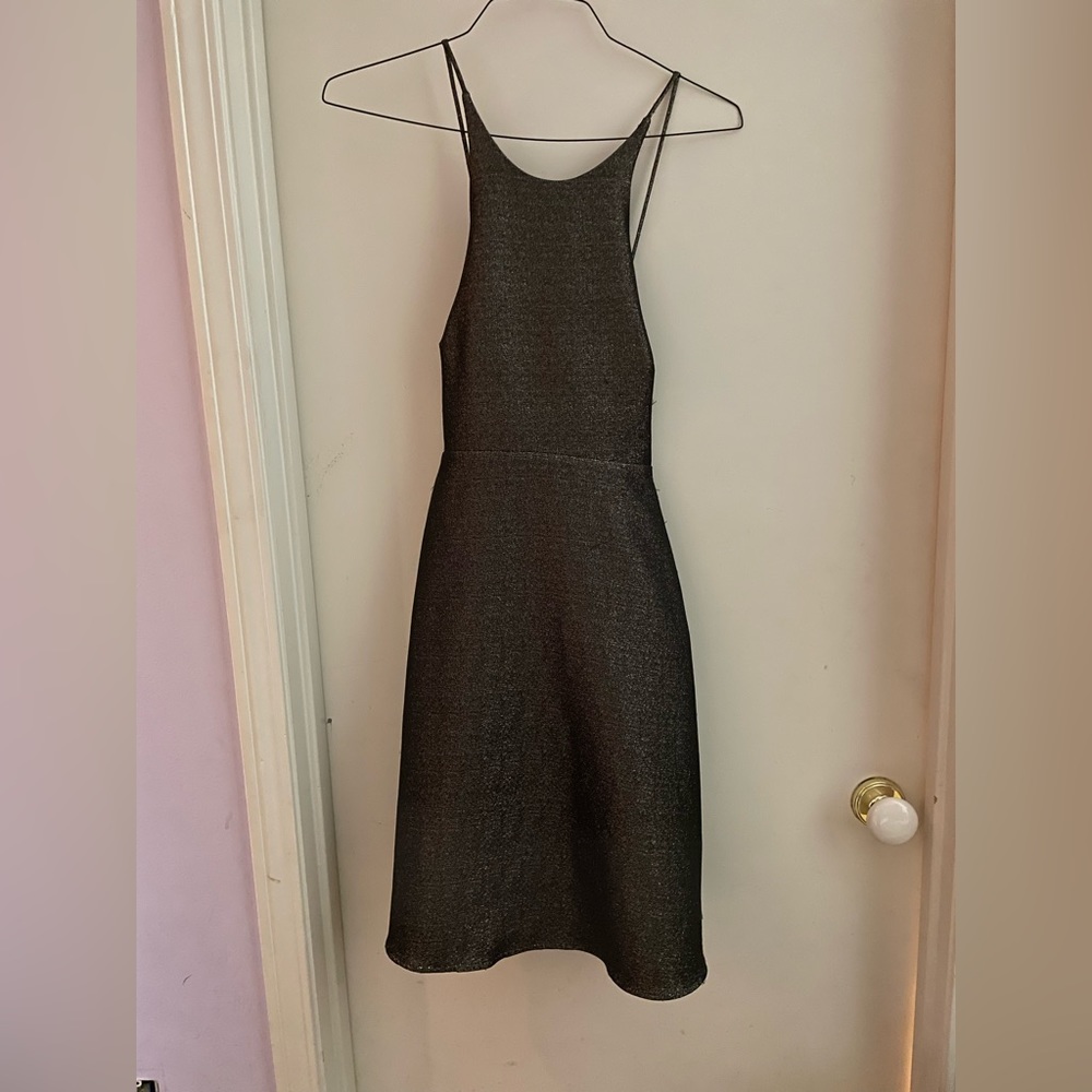Halston Heritage cocktail dress. Black shot with gold. Fit & flare. Size 4.